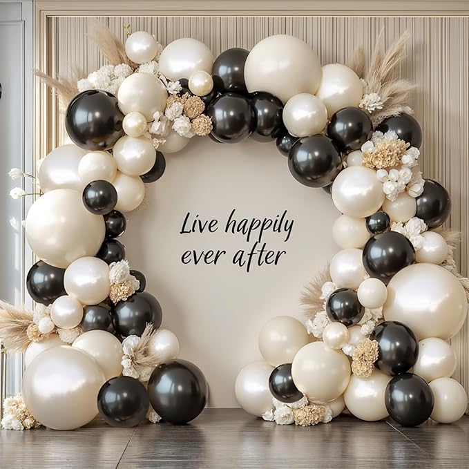 Black and White Balloons Arch Kit - 119 PCs Double Stuffed Cream and Black Balloons Garland Pearl White Sand Beige Ivory Balloons for Graduation Wedding Coquette Birthday Party Decorations