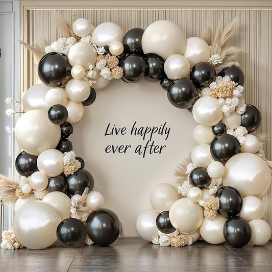Black and White Balloons Arch Kit - 119 PCs Double Stuffed Cream and Black Balloons Garland Pearl White Sand Beige Ivory Balloons for Graduation Wedding Coquette Birthday Party Decorations