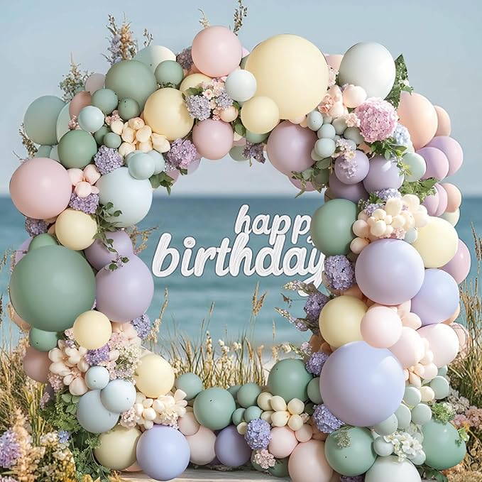 Dusty Green Pink Purple Balloons Arch Kit, Double Stuffed Pastel Balloons Dusty Pink Mist Green Ivory Lavender Balloon for Birthday Party Wedding Wildflower Flower Butterfly Decorations