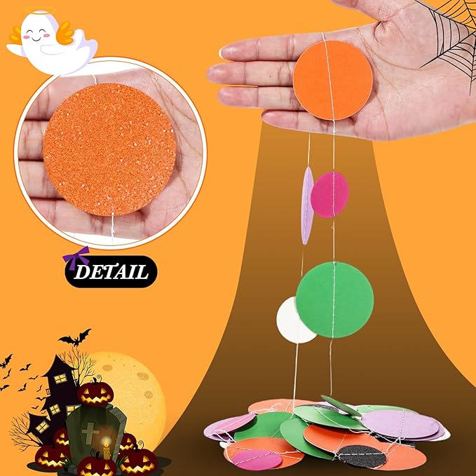 Outus 5 Pieces Orange,Black,Purple,Green,White Round Dots Garland Graduation Party Hanging Decor Each Length 13.1ft Glitter Paper Dot Streamers for Birthday Wedding Classroom Supplies