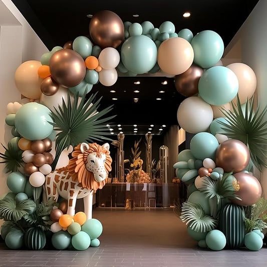 137Pcs Retro Smoke Green Balloon Garland Arch Suit,Jungle Safari Woodland Forest Wild One Camper Balloon Arch, Olive Green Gold Coffee Cocoa Balloons，Wedding Party Birthday Baby Shower Decoration.