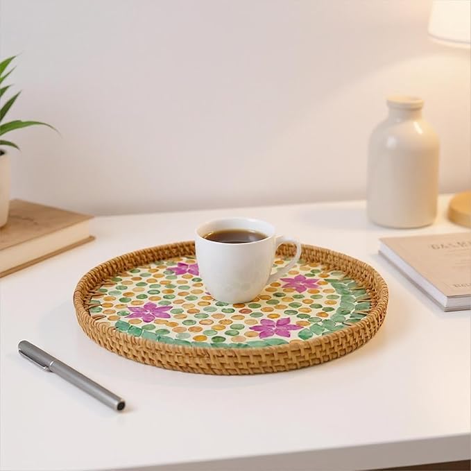 Round Rattan Tray with Mother of Pearl Inlay, Handwoven Wicker Coffee Table Serving Basket Tray for Fruit Snack Party Picnic Cafe Bedroom Kitchen Home Decor Set of 2 (Purple Blossom Dot)