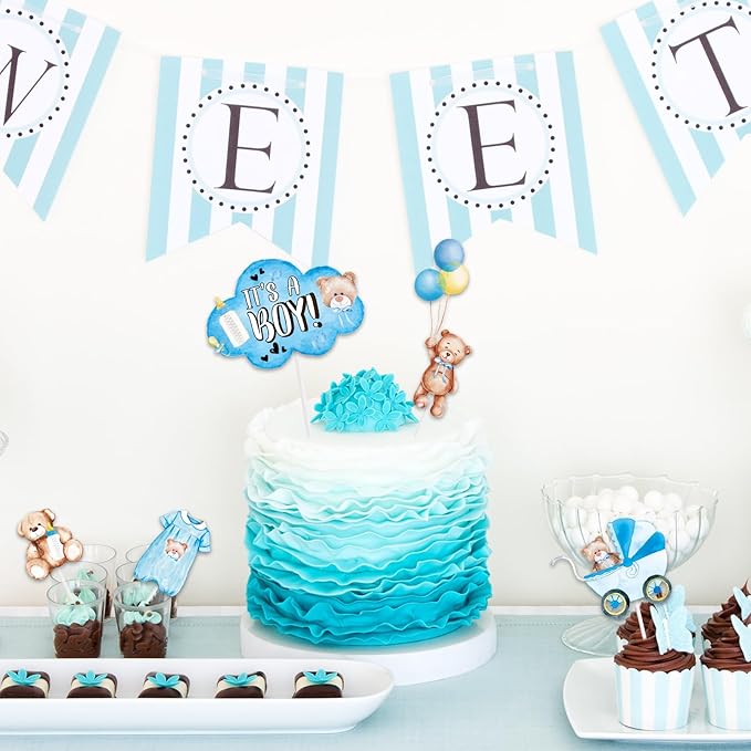 Whaline 72Pcs Bear Baby Shower Cupcake Topper Blue Baby Boy Cupcake Picks We Can Bearly Wait Cake Decorations for Baby Shower Kids Boys Birthday Party Supplies, 12 Designs