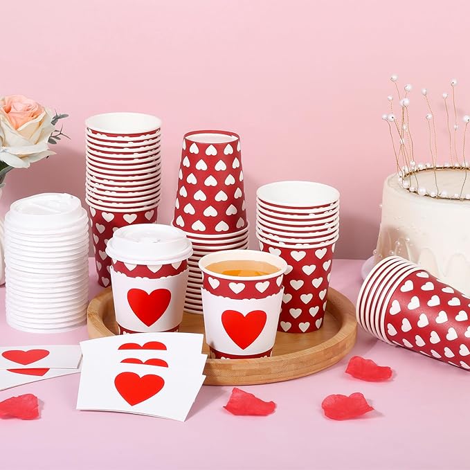 AimFun 50Pcs Halloween Ghost Disposable Coffee Cups with Lids and Sleeves 8oz Ghost Spooky Paper Party Cups Black White Boo Cold Hot Drinking Cups for Birthday Halloween Party Supplies (Hearts)