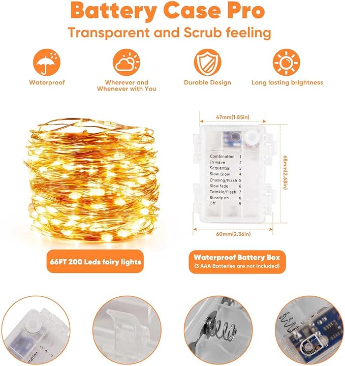 Ariceleo 2 Pack 65.6 Ft. Battery Operated Outdoor String Lights with Remote & Timer, LED Warm White Fairy Lights, Waterproof Twinkle Lights for Bedroom, Dorm, Mason Jar, Wedding, Party, Christmas