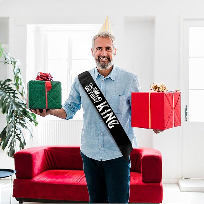 Birthday King Sash, Funny Black Satin Sash with Silver Foil Lettering Birthday Sashes for Boys or Men 10th 13th 16th 18th 21st 30th 40th 50th 60th or Any Birthday Party Supplies Gifts Favors.