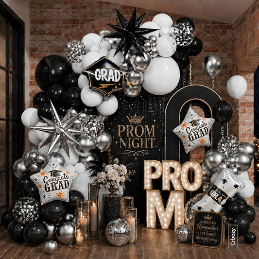 131Pcs Prom Balloon Arch Kit, Black White Silver Confetti Balloons with Explosion Star Graduation Cap Foil Balloons for Class of 2026 Congrats Graduation Prom Birthday Party Decorations