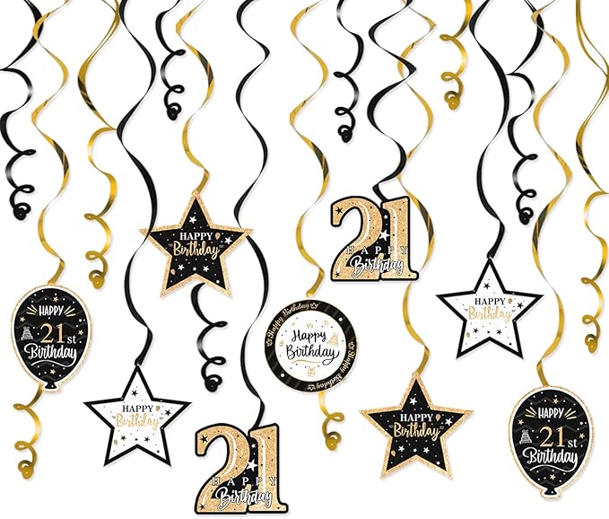 Happy 21st Birthday Black & Gold Glitter Swirls Streamers Party Decorations - 15 Pcs 21st Birthday Hanging Swirls Streamers Kit,Perfect for 21st Bday Party Sign.
