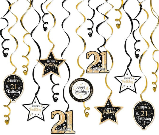 Happy 21st Birthday Black & Gold Glitter Swirls Streamers Party Decorations - 15 Pcs 21st Birthday Hanging Swirls Streamers Kit,Perfect for 21st Bday Party Sign.