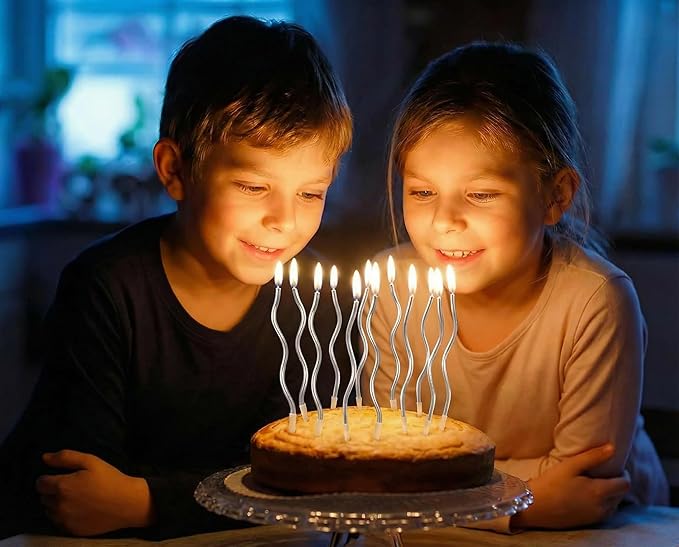 12-Count Spiral Birthday Candles, Long Twisty Party Silver Candles with Candle Holders, Long Burning for Weddings, Birthdays, Party Decorations, Cupcakes, Anniversary and Meetups (Silver)