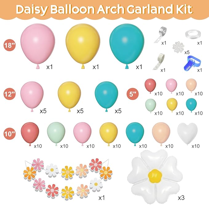 161pc Daisy Balloon Garland Arch Kit, Pastel Groovy Flower Party Decorations with Pink Yellow Orange Blue Green Daisy Banners for Baby Shower Retro Hippie Two Groovy Boho Birthday Party Decor