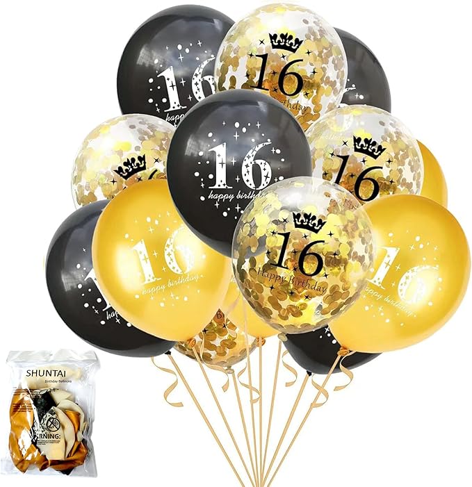 SHUNTAI 16 Birthday Balloons Gold and Black 16th Birthday Decorations Latex Confetti Balloon for 16 years old Anniversary Happy Birthday Party Supplies 12 Inch 15 Pack