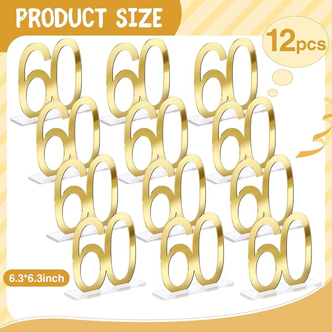 Threehoney 12 Pcs Mirror Gold 60th Birthday Decorations for Men and Women Acrylic Anniversary Decorations Table Numbers Centerpieces for Birthday Party