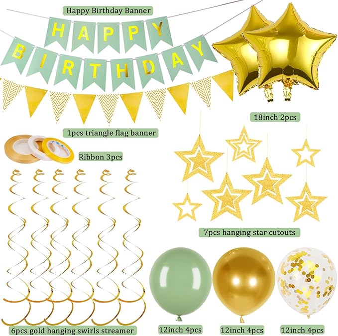 Green Gold Birthday Decorations, Happy Birthday Banner and Gold Star Balloons, Glitter Hanging Stars with Hanging Swirls, Bunting Banner, for Women Men Boys Party Decoration
