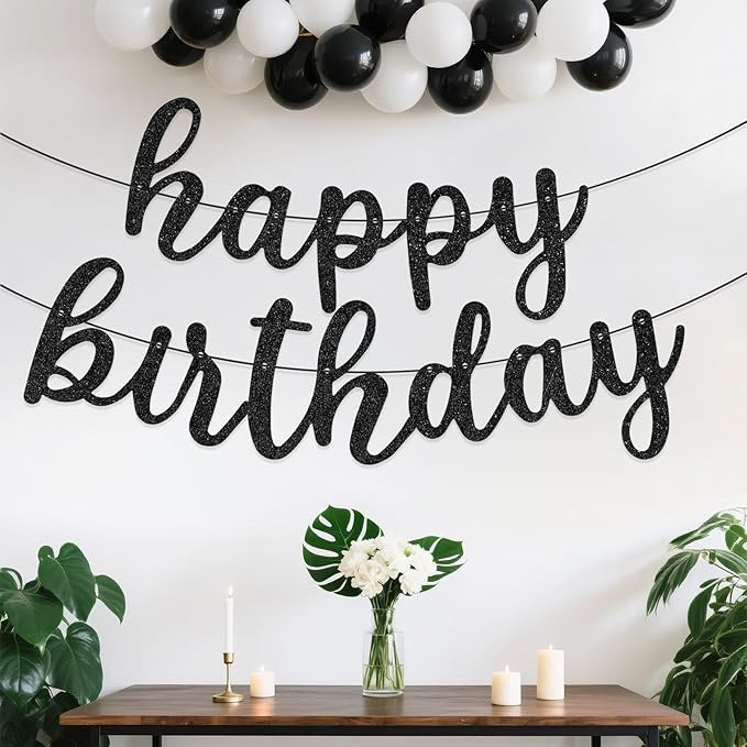 Glitter Happy Birthday Banner Sign Wall Door Banners for Women Men Boys Girls Birthday Party Backdrop Garland Decorations, Personalized Letters Name Banners Connected Black