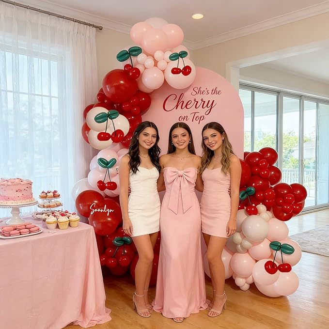 Soonlyn Cherry Balloons Arch kit, 200Pcs Cherry Birthday Decorations Red Pink White Balloons for Shes the Cherry on Top Decorations, Bridal Shower