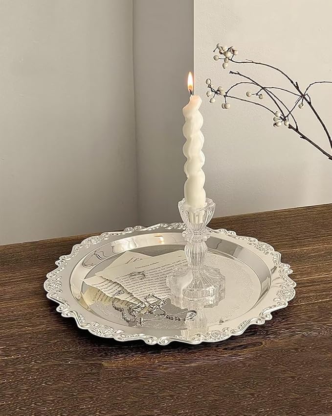 Round Decorative Tray 9.8in Metal Dessert Plates Vintage Coffee Table Tray for Snacks Fruit Silver
