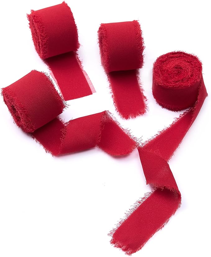 4 Rolls Red Handmade Fringe Chiffon Silk Ribbon 1" W x 5Yd Per Roll,Frayed Edges Ribbon Set for Gifts Wrapping,Wedding Invitations,Bouquets,DIY Crafts (1" x20Yd, Red)