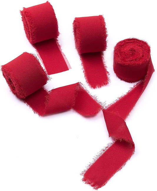 4 Rolls Red Handmade Fringe Chiffon Silk Ribbon 1" W x 5Yd Per Roll,Frayed Edges Ribbon Set for Gifts Wrapping,Wedding Invitations,Bouquets,DIY Crafts (1" x20Yd, Red)