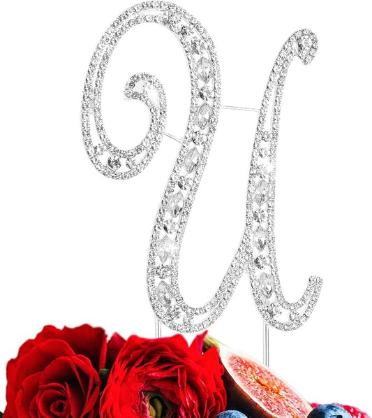 LINGPAR Letter U Cake Topper Rhinestone Crystal Silver Letter for Wedding or Anniversary Birthday Party Decoration Supplies