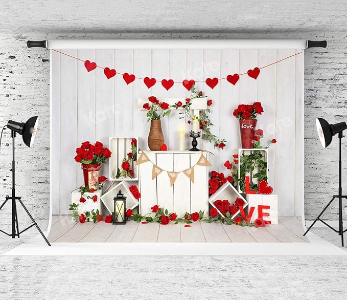 Kate Valentine Photo Backdrop Heart Backdrop with Rose Valentine Decorations for Party, Children, Home, 10x10ft