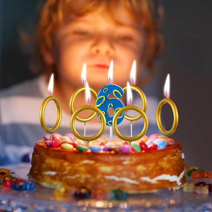 Conelist 7 Pcs Gold Ring Birthday Candles Number Candle Cake Topper Cartoon Characters Themed Candle for Wedding Anniversary Valentine's Day Birthday Party Decorations Supplies(Number 6)