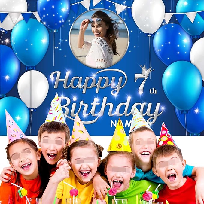 Custom Happy 7th Birthday Decoration Banner - Personalized Navy Blue Birthday Party Banner in Large Sizes-Custom Photos and Names
