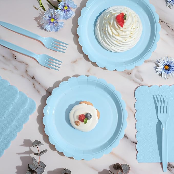 105PCS Paper Plates and Napkins Set, 7 Inch Scalloped Disposable Tableware with Forks for Birthdays, Garden Parties & Outdoor Events, Serves 35 (Light Blue)