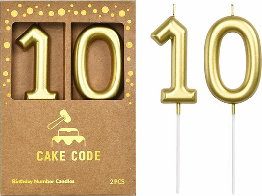 2.76 Inch Classical Gold 10 Number Birthday Candles, Gold and Cake Number Candles for Party Celebration