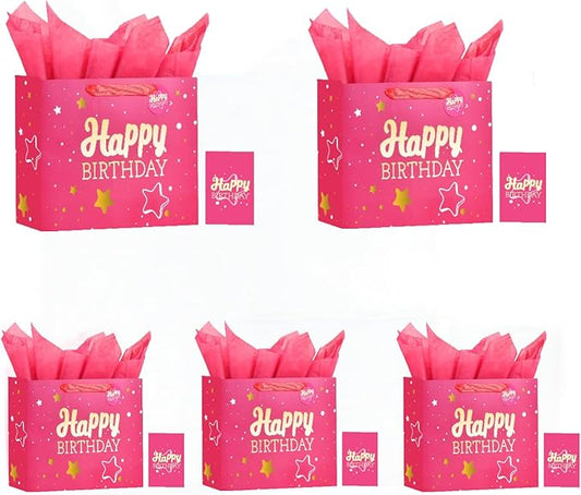 Powbrace 13" Pink Happy Birthday Gift Bag with Tissue Paper and Greeting Card for Party,Happy Birthday Gift Bag for Men Women,Gift Bags Medium size(5 PCS Pink Hot Stamping)