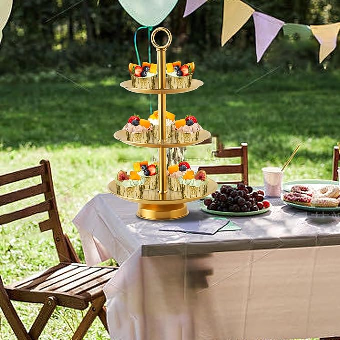3 Tier Gold Metal Cupcake Stand Holder,Stainless Steel Cup Cake Stand Tower with Tiered Serving Tray and Base for Parties,Weddings,Birthdays and Any Festivals and Celebrations(with Base)