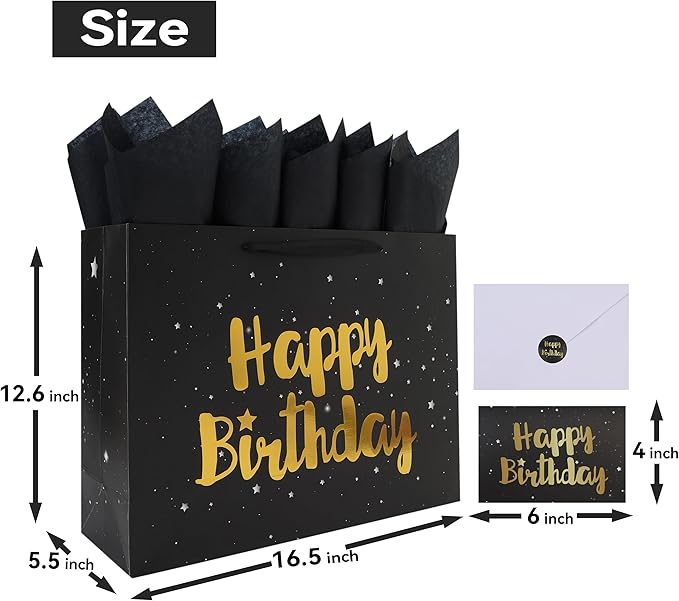 Qirrmiy 16.5'' Extra Large Black Happy Birthday Gift Bag Set with Handles, Greeting Card, Tissue Papers and Stickers for Men Boys Kids, Stars Design, 1 Pcs.