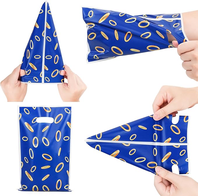 PintreeLand 40PCS Video Game Party Favor Bags, Blue and Gold Ring Design Plastic Goodie Bags for Gaming Birthday Party