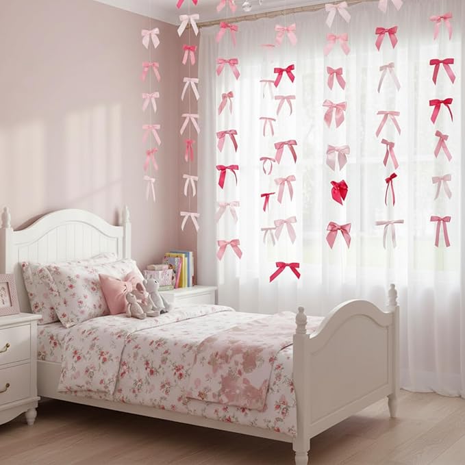 Taobary 8 Pcs 6.6 ft Bow Garland, Satin Ribbon Bow Banner Coquette Hanging Ornament for Photo Backdrop Birthday Party Wedding Bridal Baby Shower Wall Decorations(Bright Pink,Mix Size)