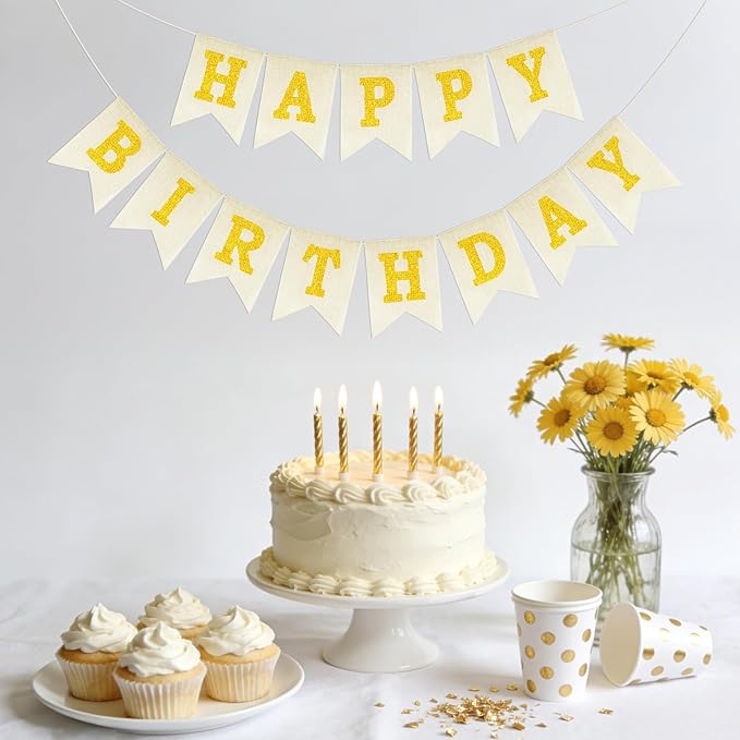Anwyll Happy Birthday Banner - NO DIY Burlap Happy Birthday Banner Sign Happy Birthdays Party Decoration Happy Birthdays Banners Bunting for Women Men Girl Boy Celebration Party Backdrop(Glitter Gold)
