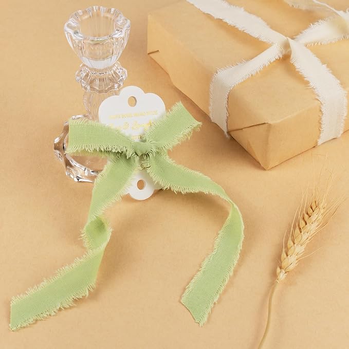 Green Cotton Ribbon 5/8 Inch Sage, Moss & Ivory 3 Rolls 21 Yards Frayed Edge Fabric Set for Boho Rustic Wedding Invitations, Bridal Bouquets, Gift Wrapping, DIY Crafts, Spring Home Decor