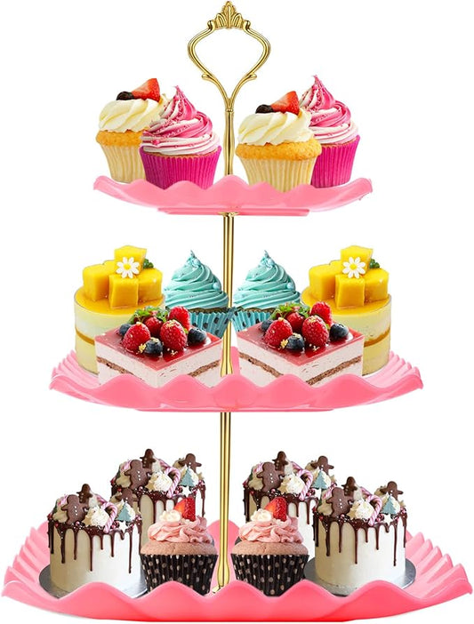 DAFURIET Dessert Cupcake Stand, 3 Tier Cup Cake Holder Tower for Tea Party/Birthday/Wedding, Plastic Tiered Serving Tray with Metal Rod, Pink