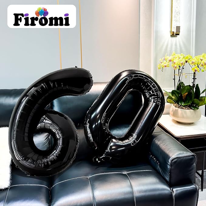 FIROMI 60 Number Balloons Black Big Giant Jumbo Mylar Foil 60 Balloon Numbers for 60th Birthday Party Anniversary Decorations 40-inches