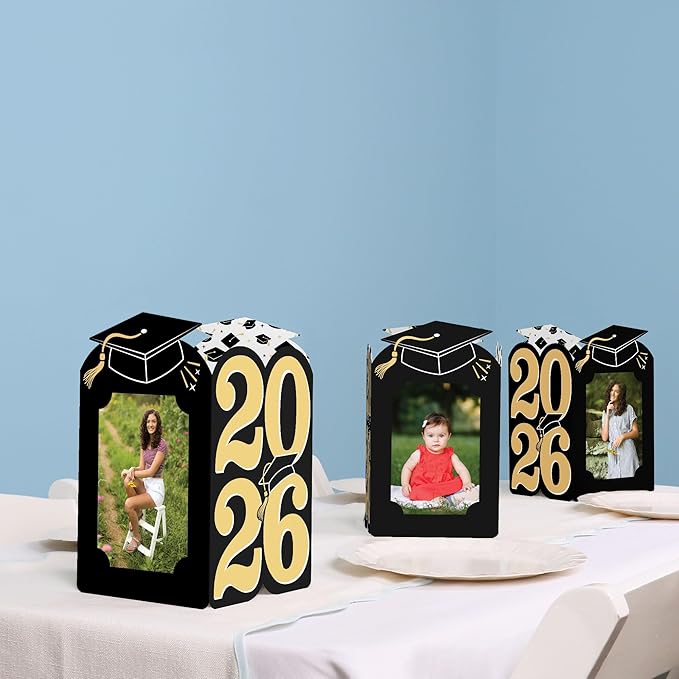 Big Dot of Happiness Black & Gold 2026 Graduation Photo Holder Centerpieces, 4x6 Picture Display Box, Table Decoration Centerpiece for Grad Party Decor, 8 Count