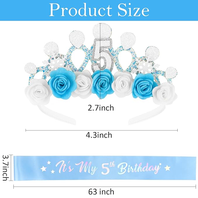 CUBACO 5th Birthday Crown Headband and Sash, 5 Year Old Girl Birthday Gift Ideas for Blue Princess Crown, Frozen Party Decorations Favors for Girls Outfit
