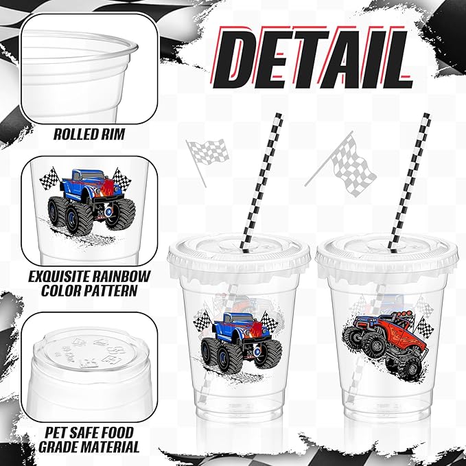 Teenyyou 50 Pcs 12 oz Disposable Plastic Cups with Straws, Lids and Leakproof Paper Clear Birthday Party Cups Supplies Birthday Table Decorations(Monster Truck,Black, White)