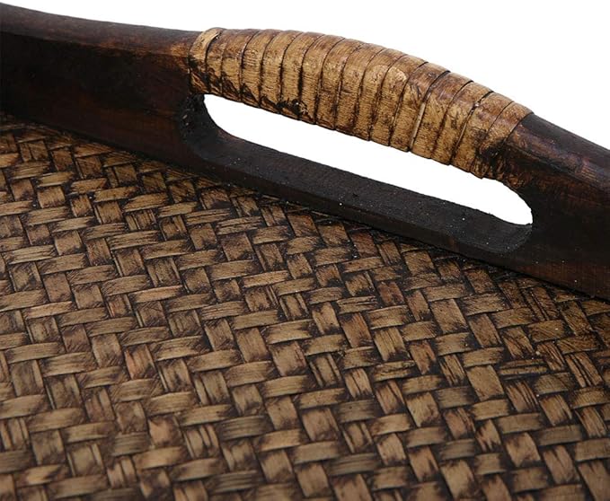Wooden Serving Tray, Hand-Woven Rattan Rectangle Food Service Display Tray with Raised Handles, 9 Inch Natural Wood and Rattan Decorative Tray for Dining Coffee Table Tea Party