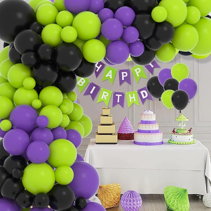 Lime Green Purple Black Balloon Garland Kit, 122PCS Black Purple Fruit Green Party Balloons for Birthday Video Game Anniversary Wedding Engagement Anniversary Graduation Racing Car Party Decorations