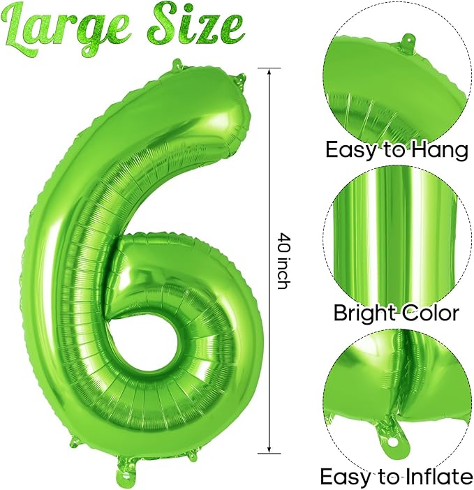 Green Number 6 Balloon 40 Inch, Big Large Foil Helium Number Balloons, Jumbo Giant Mylar Number 6 Balloons for 6 Year Old Birthday Party Decorations Supplies Anniversary Celebration