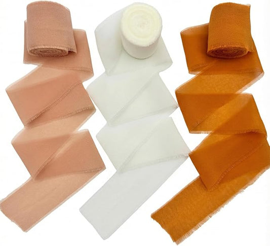 LLumaBria Chiffon Ribbon 3 Pack, 1.5 Inch Wide Frayed Edge Polyester Chiffon Ribbon, 21 Yards Total in Dark Snow Bud, Beige and Orange for Gift Wrapping, Wedding Decor and Bouquet Styling
