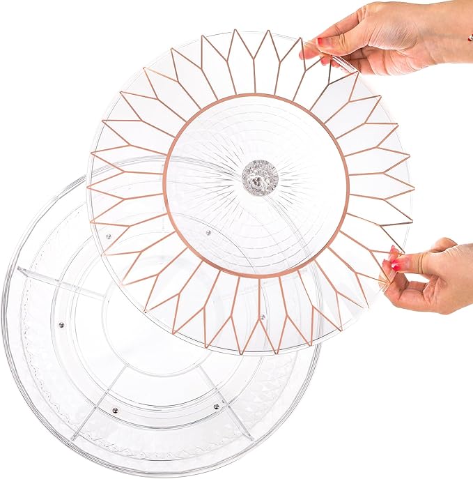 AVLA Rotating Snack Tray with Lid, 11.5" Plastic Divided Serving Dishes, Round Appetizer Platter, 6 Compartments Food Storage Organizer for Dried Fruits, Nuts, Candies, Veggie, Cookies(Clear)