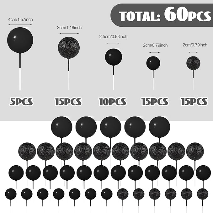 60Pcs Glitter Cake Balls Decorations Foam Cake Topper Balls Mini Balloon Cupcake Toppers for Cake Decorating Birthday Baby Shower Party (Glitter Black)