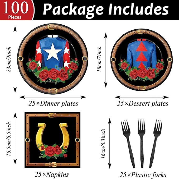 100Pcs Derby Day Party Plates Horse Racing Party Supplies Race Days Jockey Attire Disposable Tableware Set Racing Horse Roses Dinnerware for Derby Day Celebrations Parties Supplies Serves 25