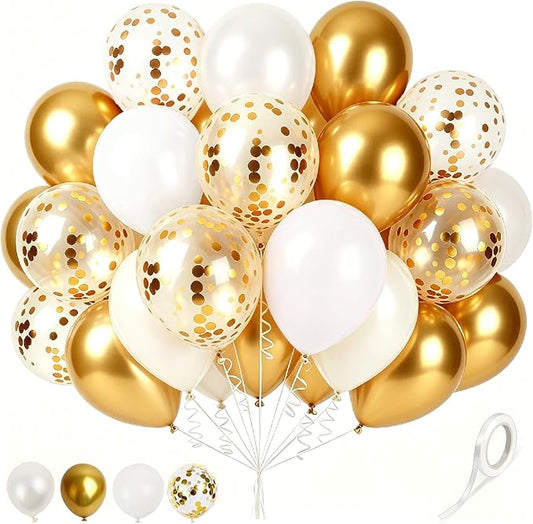 Gold and White Balloons Gold Confetti Balloon, 60 Pcs 12 Inch Latex Confetti Metallic Balloons with 1 Ribbon, for Birthday Wedding Bridal Shower Party Decorations