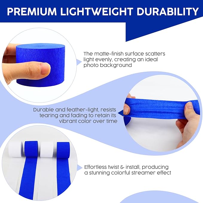 4 Rolls Crepe Paper White Royal Blue Streamers – Perfect for Streamers Party Decorations, Wedding, Birthday, Colored Decor, and DIY Craft Supplies(1.8 Inch x 82 Ft/Roll)